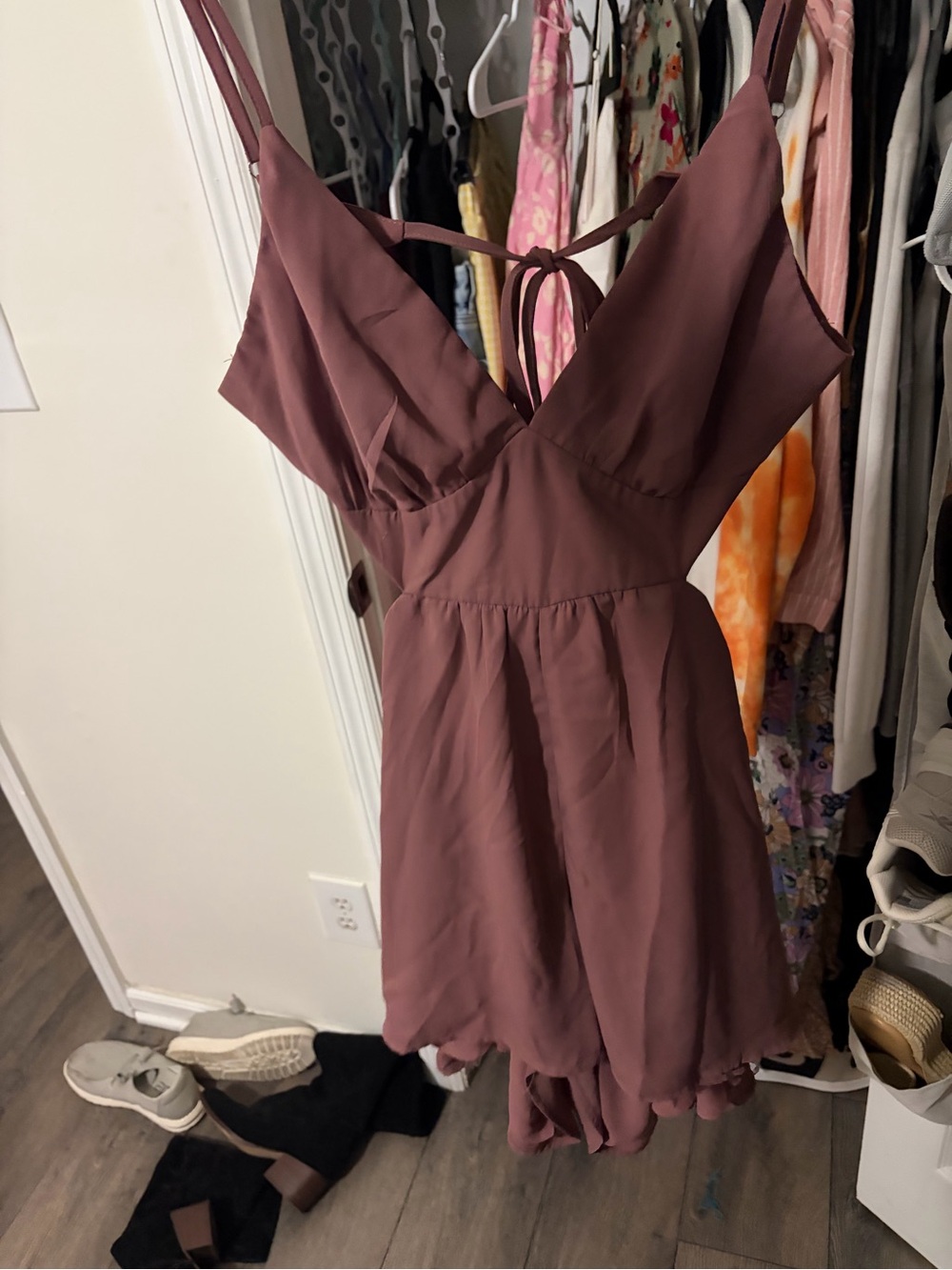 Altar'd State Mauve-Brown Spaghetti-Strap Romper